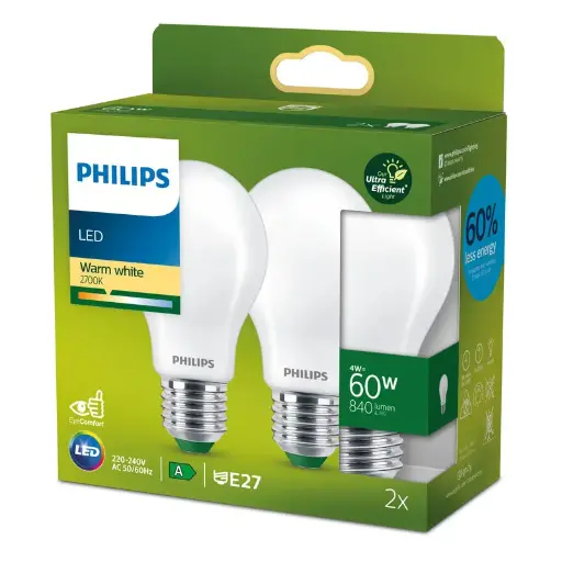 [SIG929003623791] Philips LED 5W (60W) E27 2700K 840lm Mat 2-pak